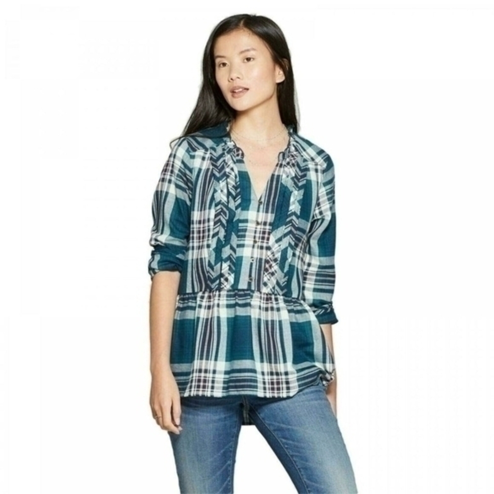 Knox Rose Women's Teal Plaid Ruffle Popover Blouse Peasant Top
